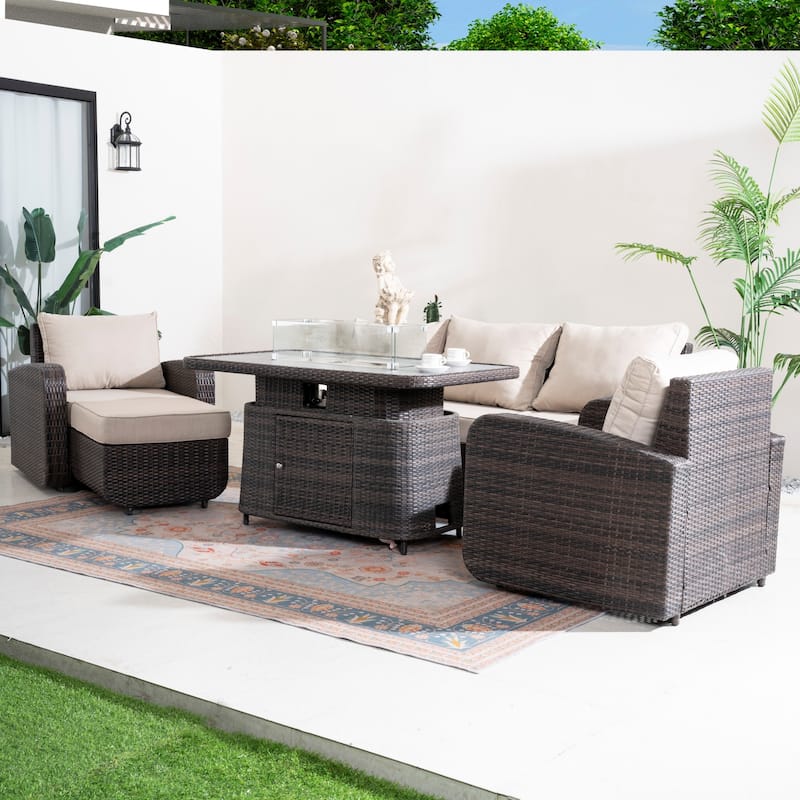 4/5-Piece PE Wicker Outdoor Sofa Set with 50,000 BTU Propane Fire Pit Table