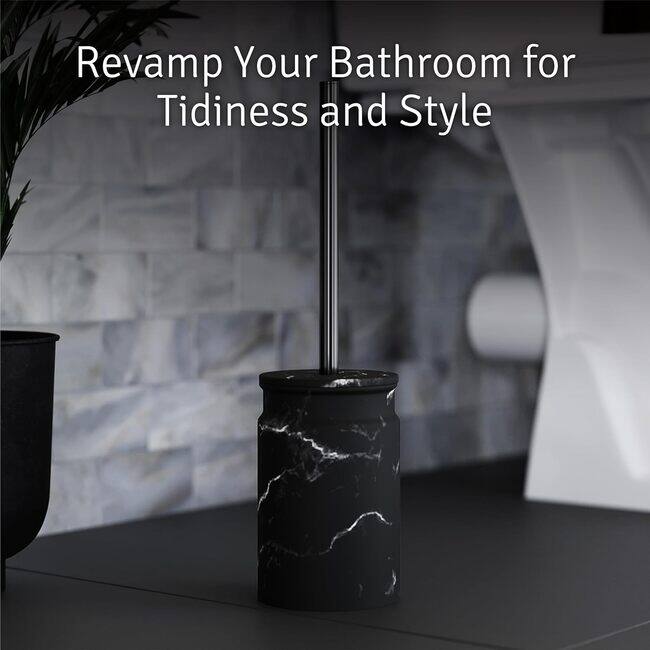 Creative Scents White Marble Toilet Brush and Holder Set Black On