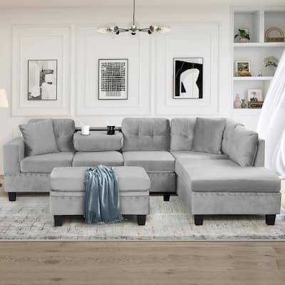 105" Modern Velvet L-shape Reversible Sectional Sofa with 2 Pillows and Cup Holders