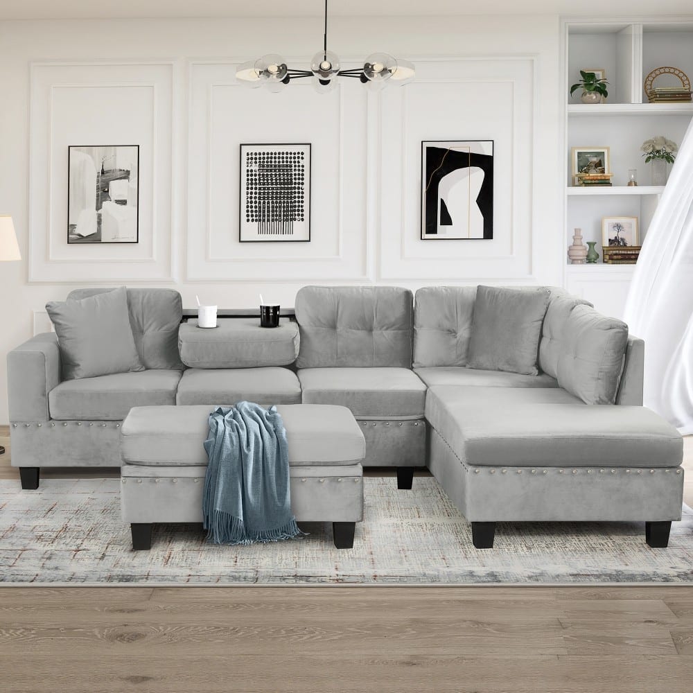 105" Modern Velvet L-shape Reversible Sectional Sofa with 2 Pillows Cup Holders and ottoman