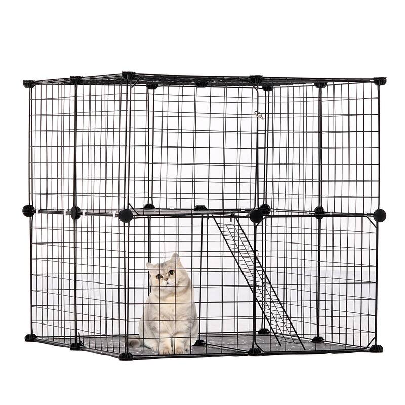 Black 2-Tier Cat Cage with 3 Doors Steel Wire Ramp, Spacious & Sturdy
