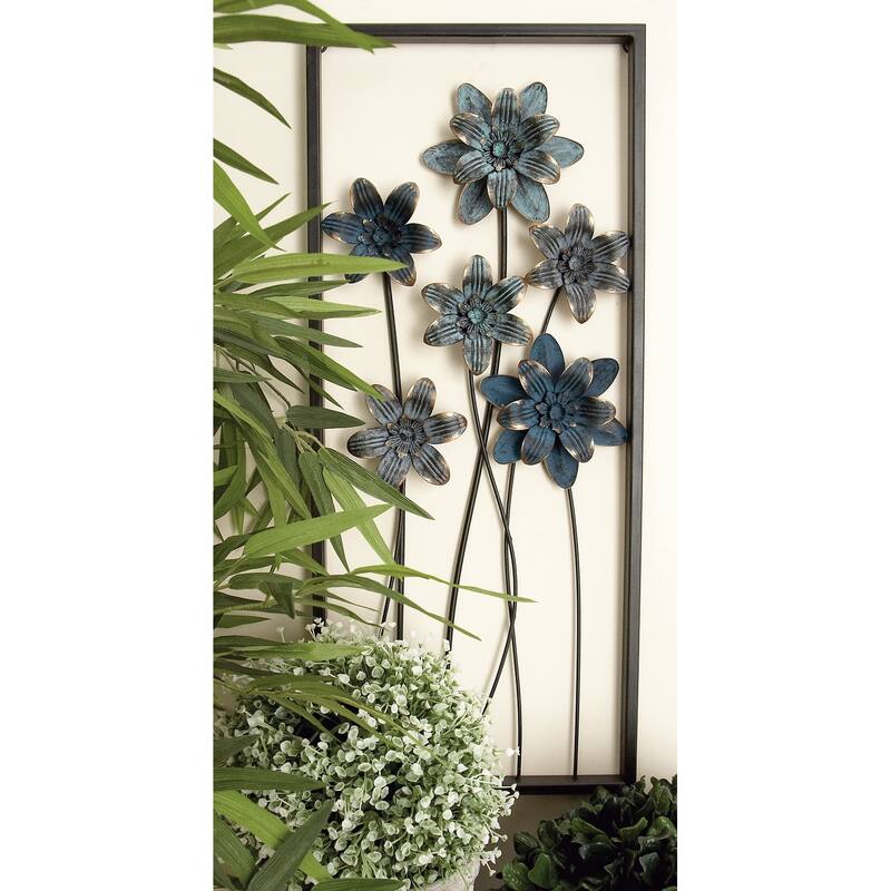 Teal Metal Floral Home Wall Decor with Black Frames and Gold Accents (Set of 2)