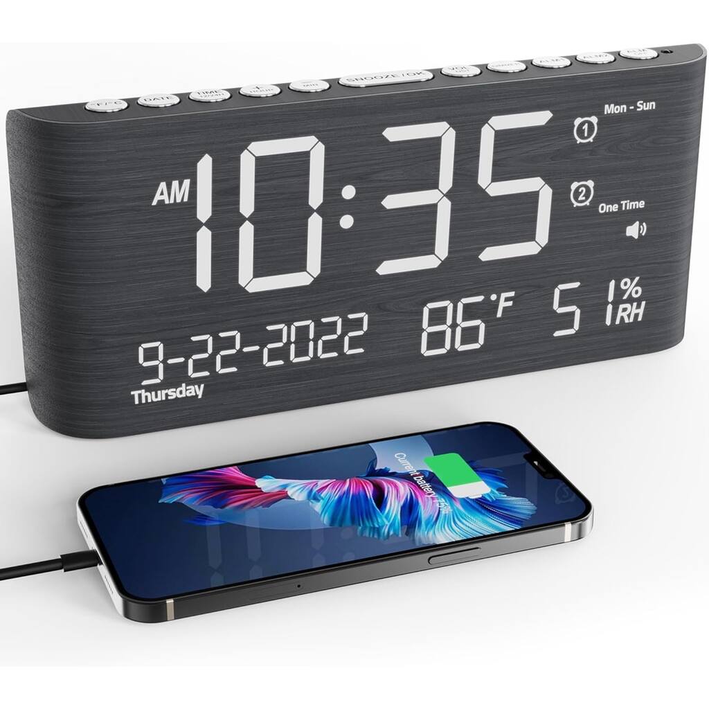 Wooden Digital Alarm Clock with Dual Alarms and USB Charger