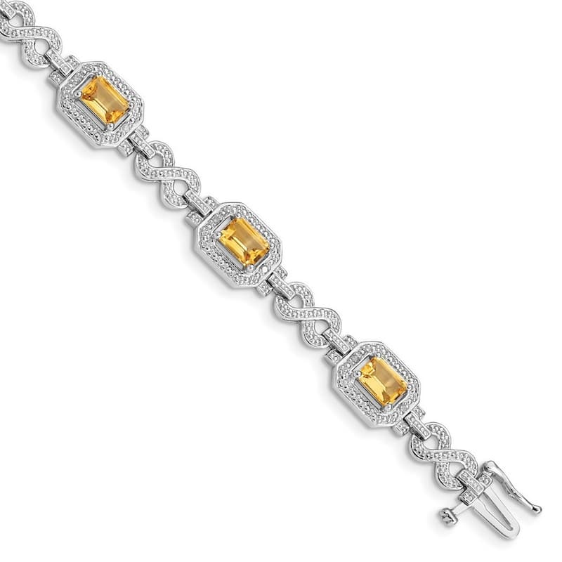 Curata 925 Sterling Silver Textured Polished Box Catch Closure Diamond and Citrine Bracelet