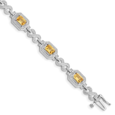 Curata 925 Sterling Silver Textured Polished Box Catch Closure Diamond and Citrine Bracelet