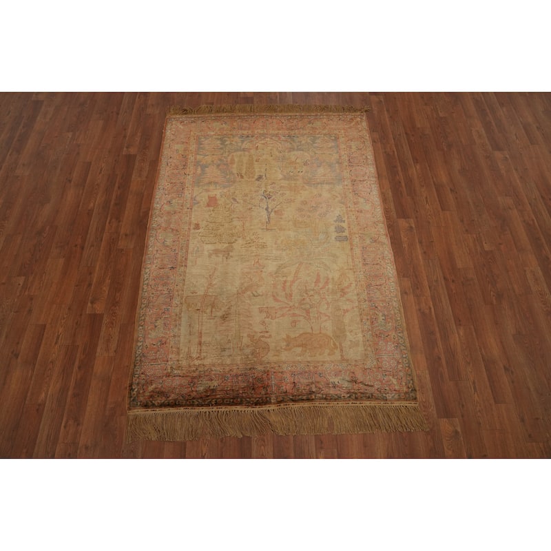 Hand Knotted Traditional Silk Yellow Animal Pictorial Area Rug - 5' 10'' X 4' 0''