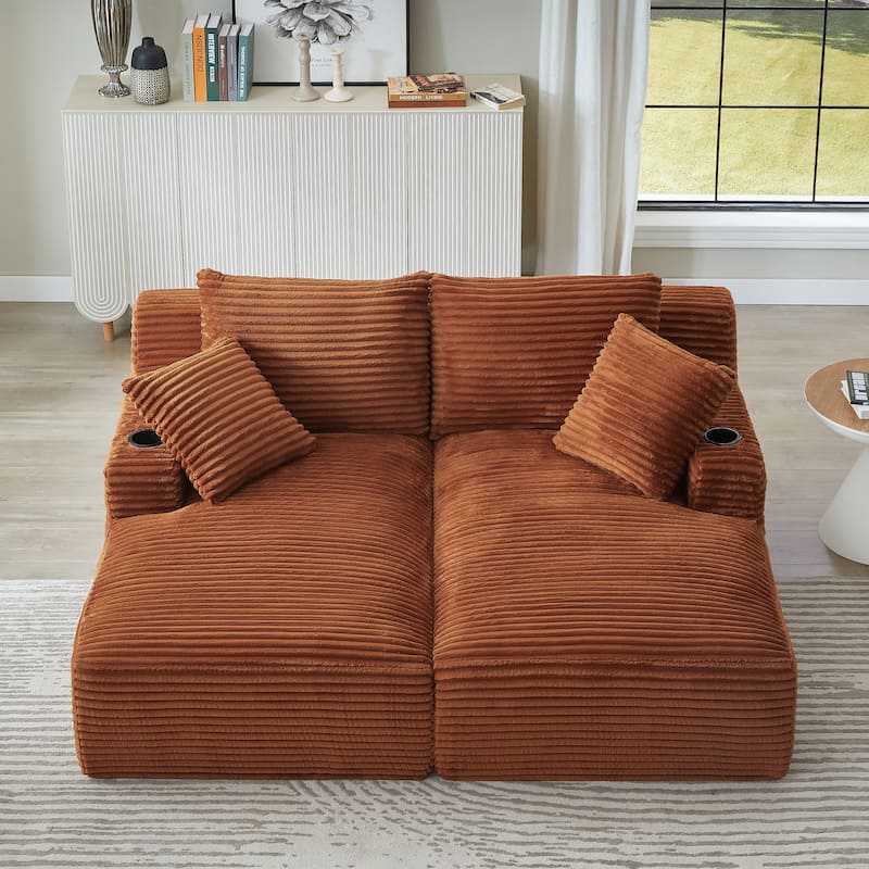 Compressible Double Chaise Lounge With Cupholders - No Assembly Required, Fluffy Modern Sleeper Loveseat