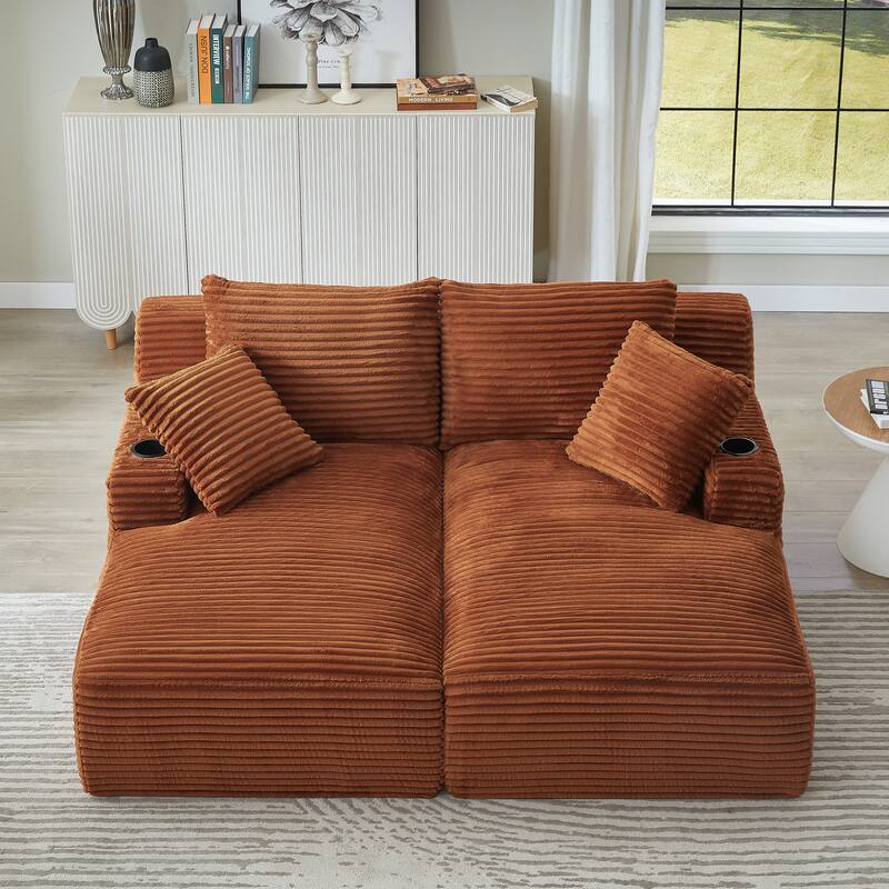 Roomfitters Double Chaise Lounge with Cup Holders and Plush Corduroy Upholstery, No Assembly Modern Sleeper Loveseat
