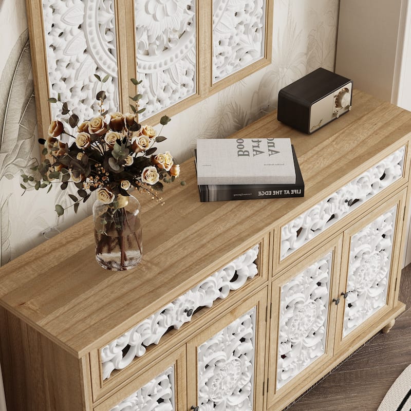 Booksheves Boho Entryway Display Cabinet w Wall Décor White Hollow Carved Panels Sideboard