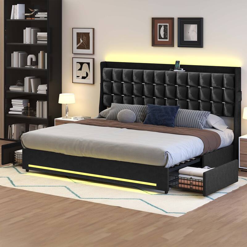 Moasis King Size Velvet Platform Bed with 4 Drawers RGB Lights and Charging Station No Box Spring Needed