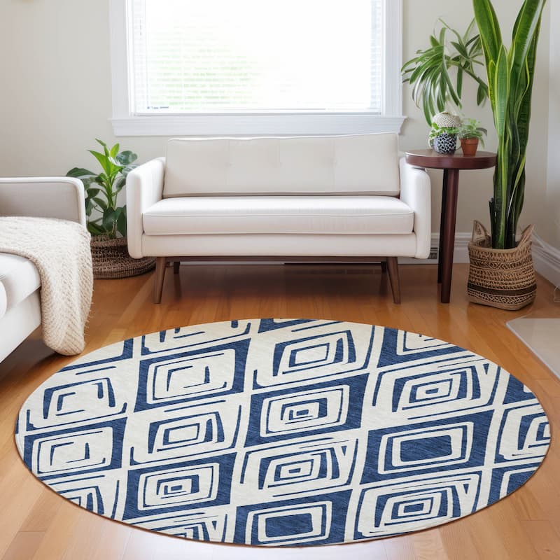 Premium Washable Super Soft Modern Diamond Mayfield Rug - Navy - 8' x 8' - Round