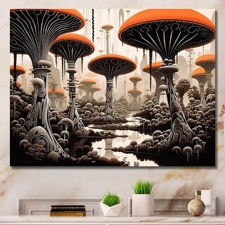 Designart "Magical Red Mushrooms Retro Illustration" Abstract Landscape ...