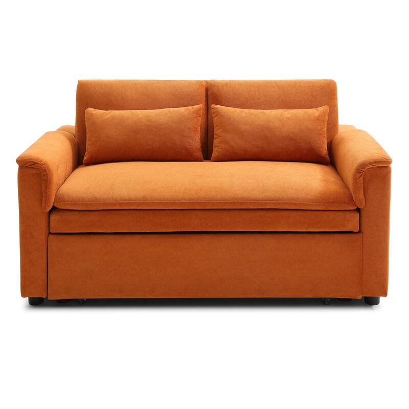 55" Velvet 2-Seater Convertible Sofa Bed, 3-in-1 Pull-Out Loveseat with Adjustable Backrest, USB Ports, Side Pockets