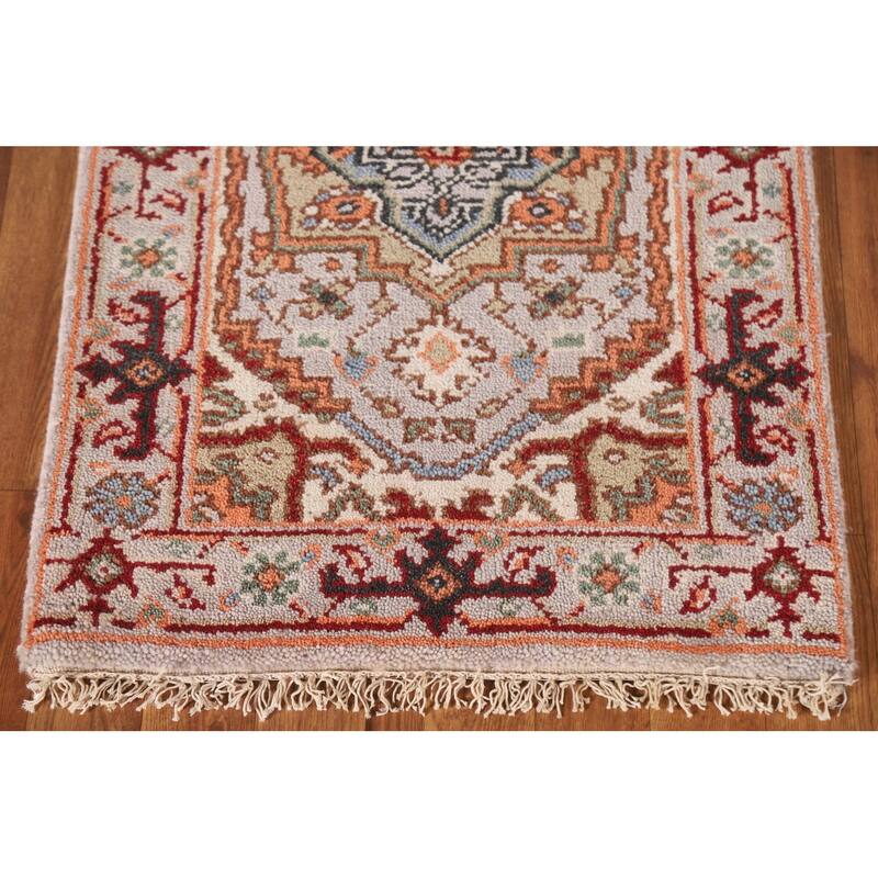 Geometric Heriz Serapi Indian Rug Hand-Knotted Grey Wool Carpet - 2'0"x 3'0"