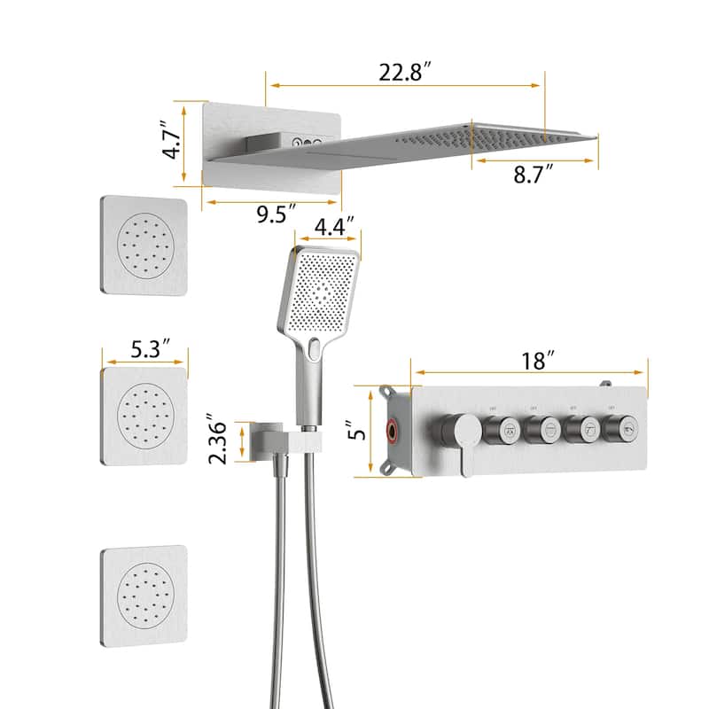 GIVINGTREE Luxury 4 Spray Patterns Thermostatic 23" Wall Mounted Rainfall Dual Shower Head With 3 Spray Heads（valve Included)