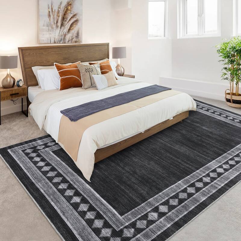 Modern Bordered Rug Non Slip Low Pile Area Rugs for Living Room, Machine Washable Area Rugs Soft Throw Rugs - 8'x10' - Black