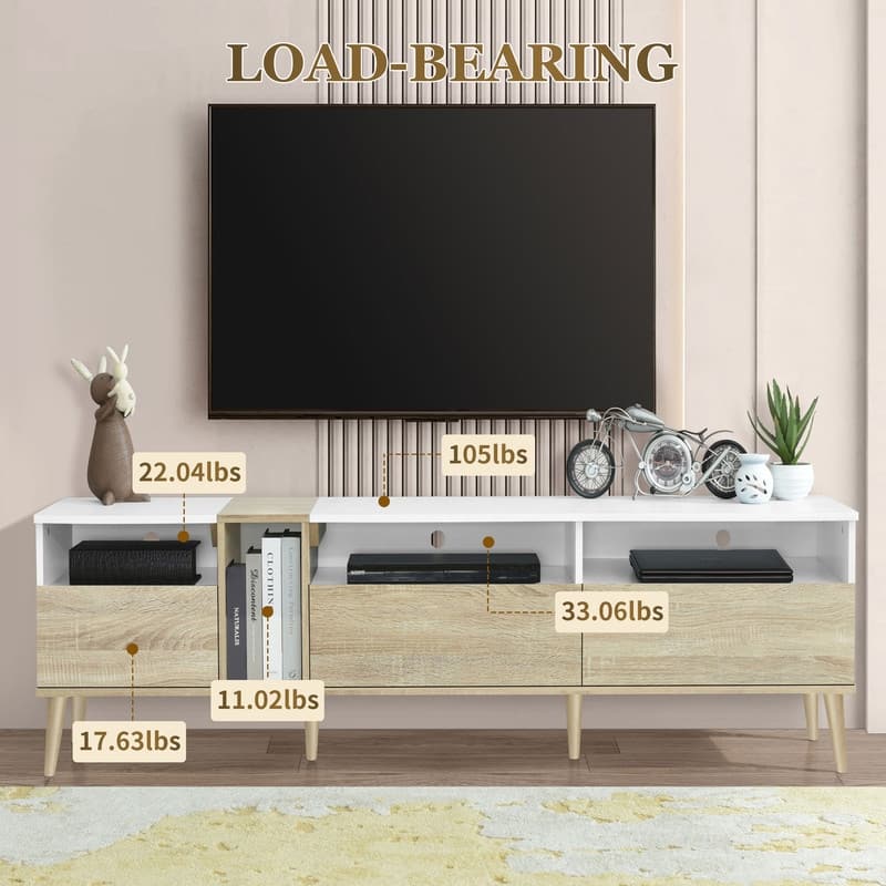 Modern TV with 3 Drawers and Open Shelves, Media Console Table for TVs up to 80'', Entertainment Center for Living Room, White