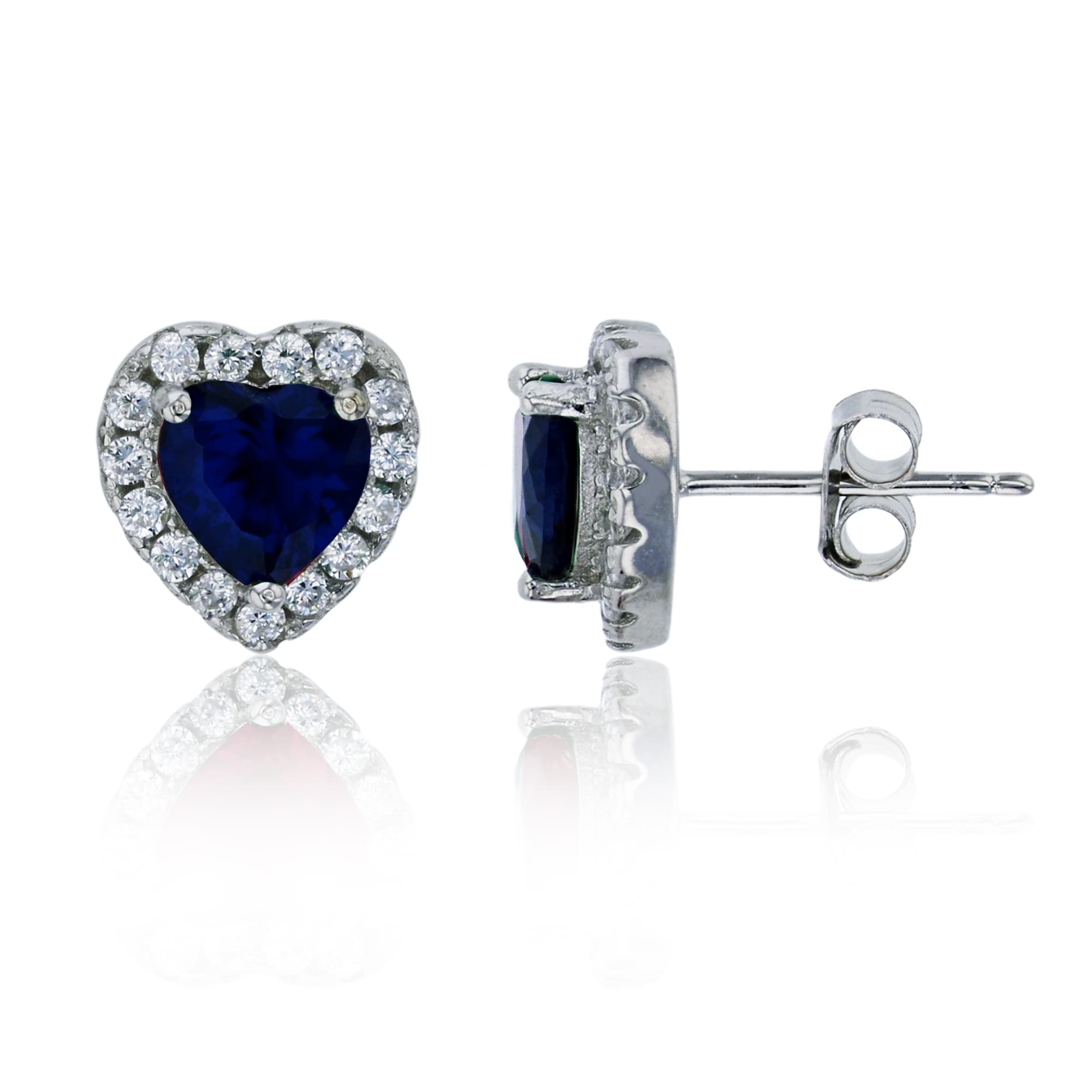 Sterling Silver Rhodium Sapphire Blue 6mm Heart Cut Halo Stud Earring - 0