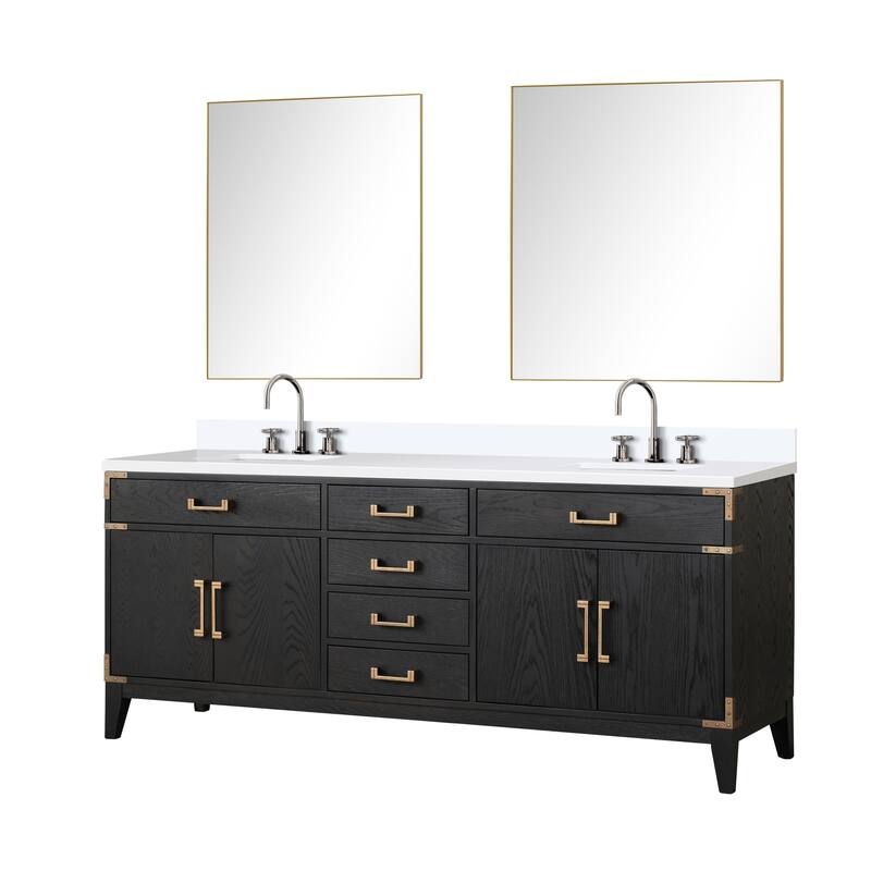 Laurel 60 in W x 22 in D Black Oak Double Bath Vanity, White Quartz Top, Faucet Set, and 28 in Mirrors