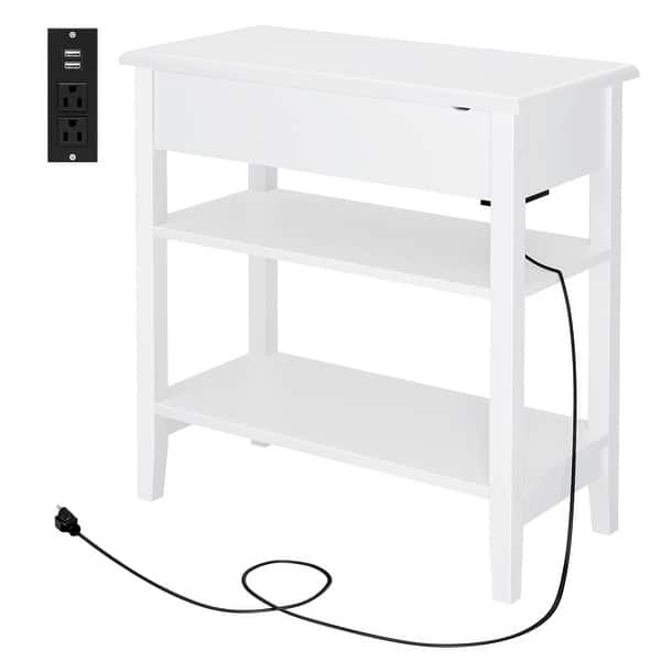 End Table with Charging Station, 3 Tier Narrow Nightstand with Storage