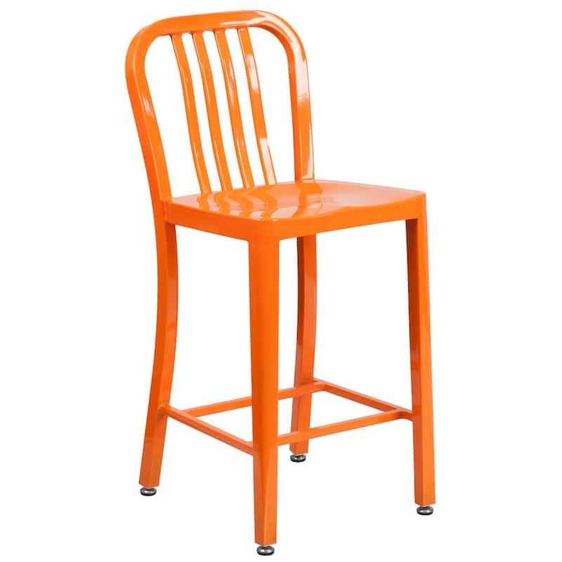 24'' High Metal Indoor-Outdoor Counter Height Stool with Vertical Slat Back