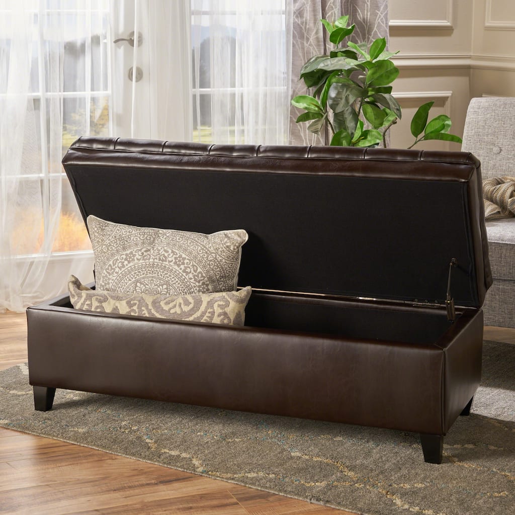 Faux Leather Storage Ottoman Bench, Rectangular Ottoman with Storage, Bedroom End of Bed Foot Stool, Entryway Ottoman Footrest