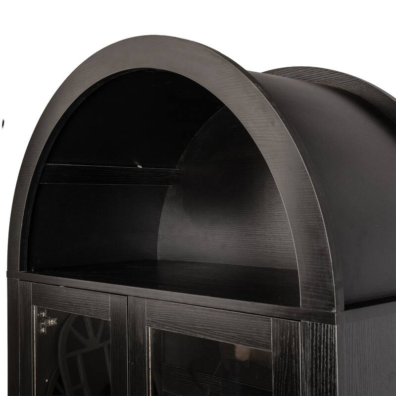 Fluted Arched Pantry Cabinet, Display Cabinet with Hidden Drawer & Glass Door, Storage Cabinet with Adjustable Shelves