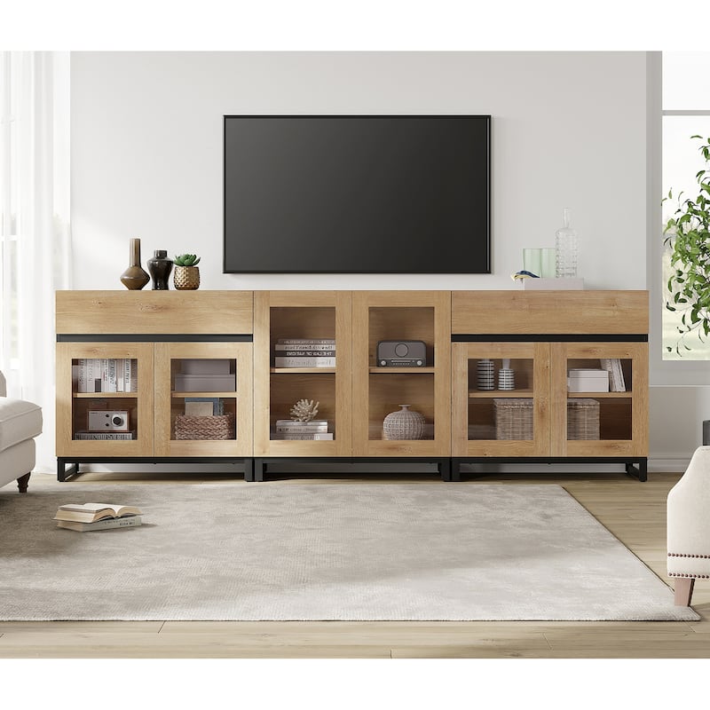 Modern TV Stand for Tvs Up to 100 Inch, 3 In 1 TV Console with Glass Doors and 2 Drawers, Entertainment Center for Living Room