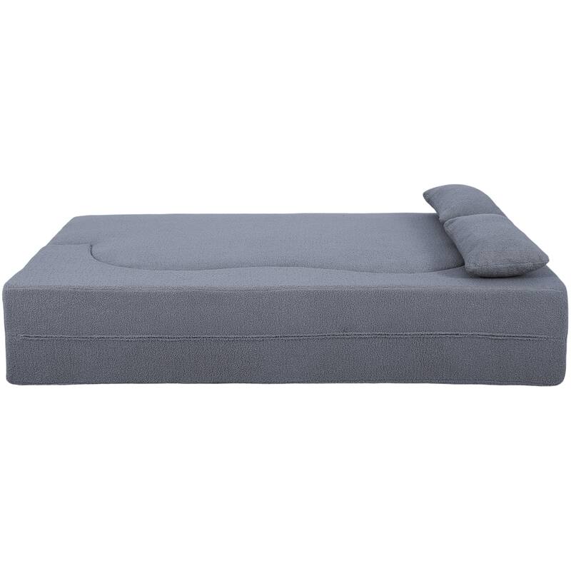 2-in-1 Convertible Loveseat Sofa Bed, Full Size Floor Bed Mattress, Folding Teddy Fabric Futon Couch with 2 Pillows