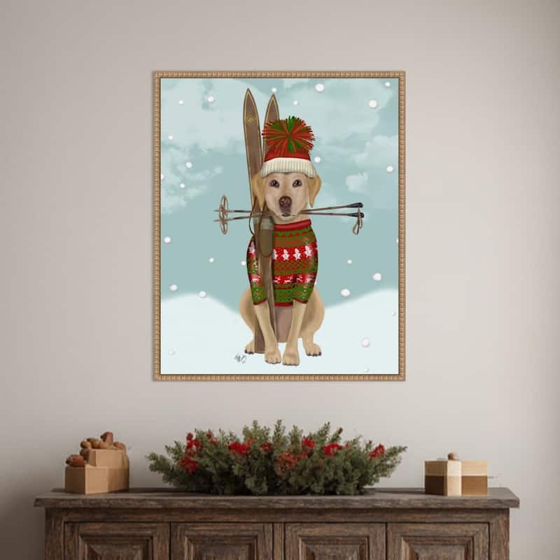 Yellow Labrador Skiing by Fab Funky (23 x 28 in.), Framed Canvas Wall Art Print - Sylvie Beaded Rustic Natural