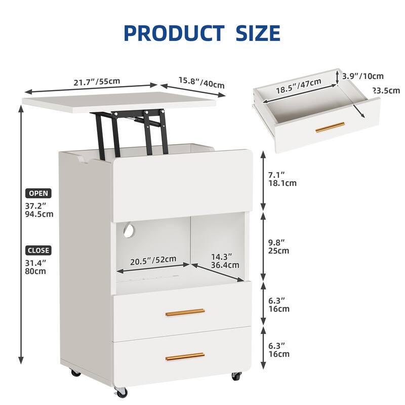 Moasis Lift top Nightstand with Charging Station LED Bedside Table with 2 Drawers