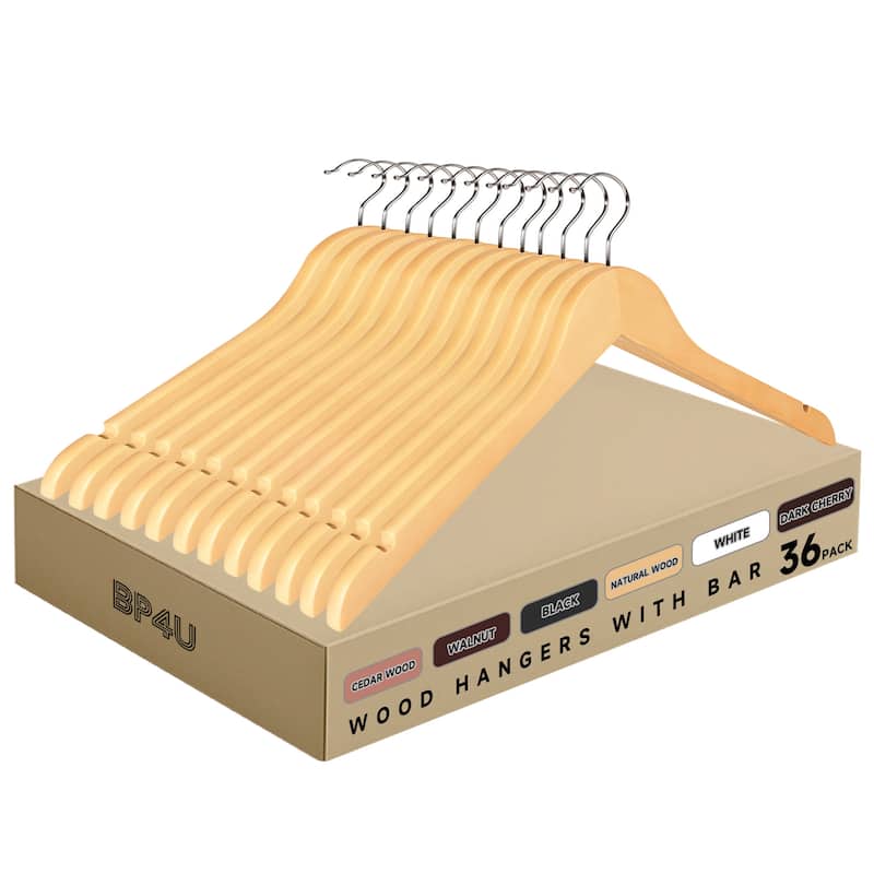 BP4U Premium Wooden Clothes Hangers, Solid Wood Coat Shirt Top Hangers for Jackets, Shirts, Dresses - 36-Pack - Natural Wood