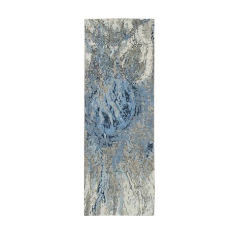 Shahbanu Rugs Gray and Blue, Abstract Design Hi-Low Pile, Wool and Silk Hand Knotted, Runner Oriental Rug (2'7" x 8'1")