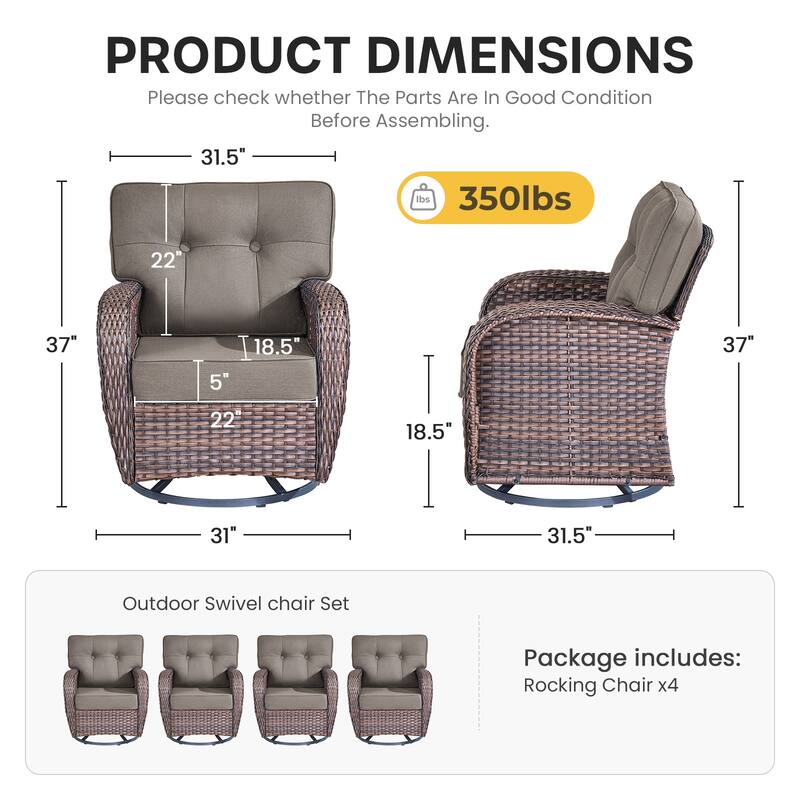 Gymojoy 4-Piece Outdoor Wicker Swivel Chair Set, 5" Thick Wide Cushions, Patio Lounge Chairs