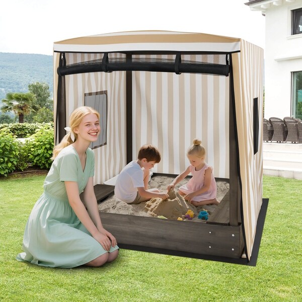 Kids Wooden Sandbox w/ Canopy Large Sand Pit w/Mesh Door - On Sale