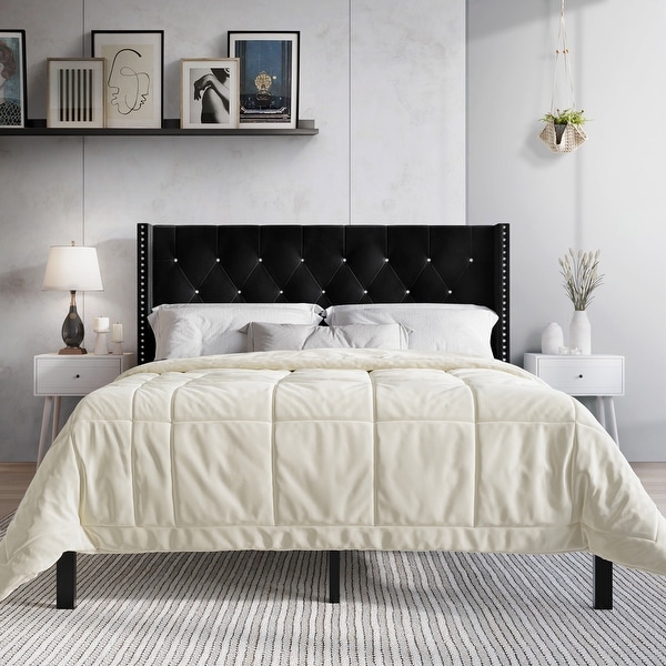 Grey upholstered bed with white nightstands hotsell