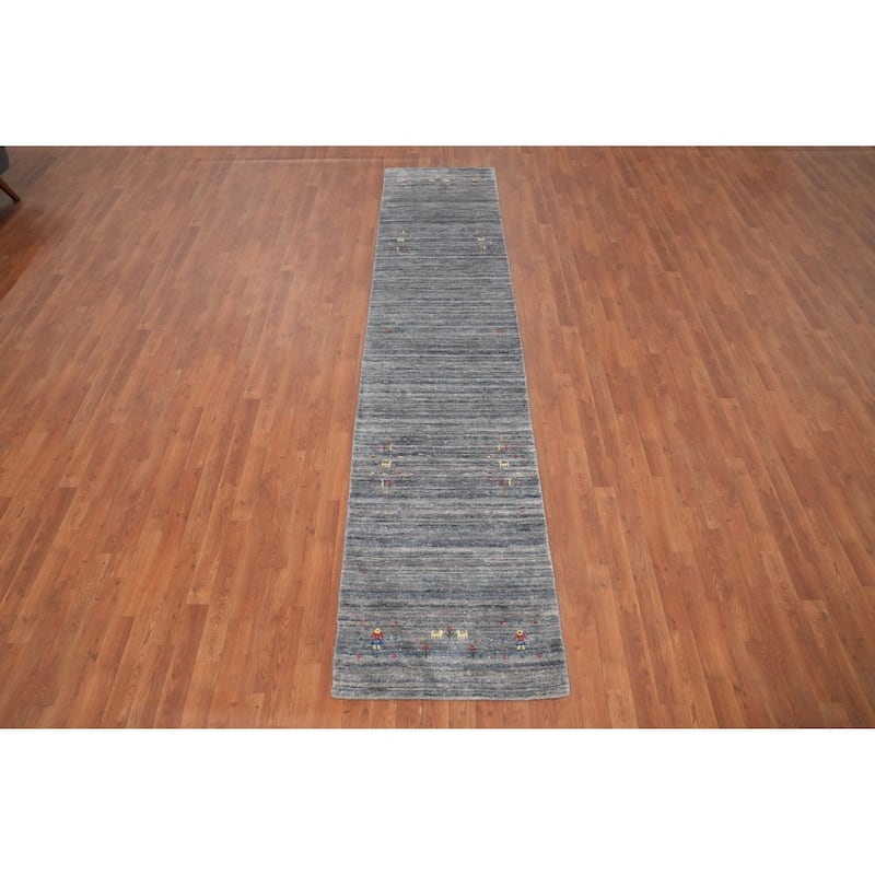 Hand Knotted Oriental Viscose Silk Carpet Tribal Animal Pictorial Greys & Charcoal Gabbeh Runner Rug - 11' 7'' X 2' 6''