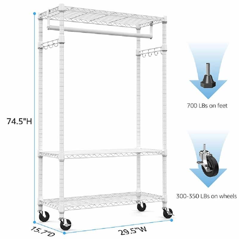 Heavy Duty Rolling Garment Rack with Wheels, 3-Tier Adjustable Wire Shelving, Clothes Rack with Rods & Side Hooks