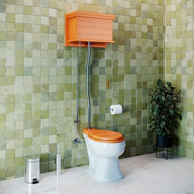 Light Oak High Tank Toilet Flat Tank, Chrome Plated Z Pipe and Round White Bowl