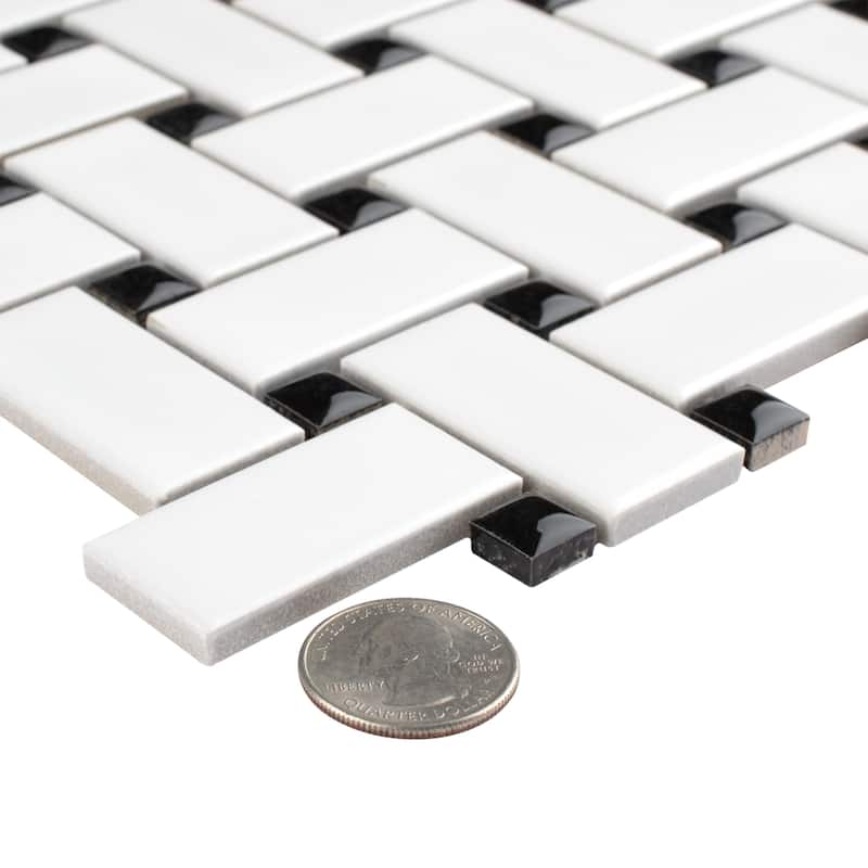 SomerTile Metro Basketweave Matte White with Black Dot 11.75" x 11.75" Porcelain Mosaic Tile