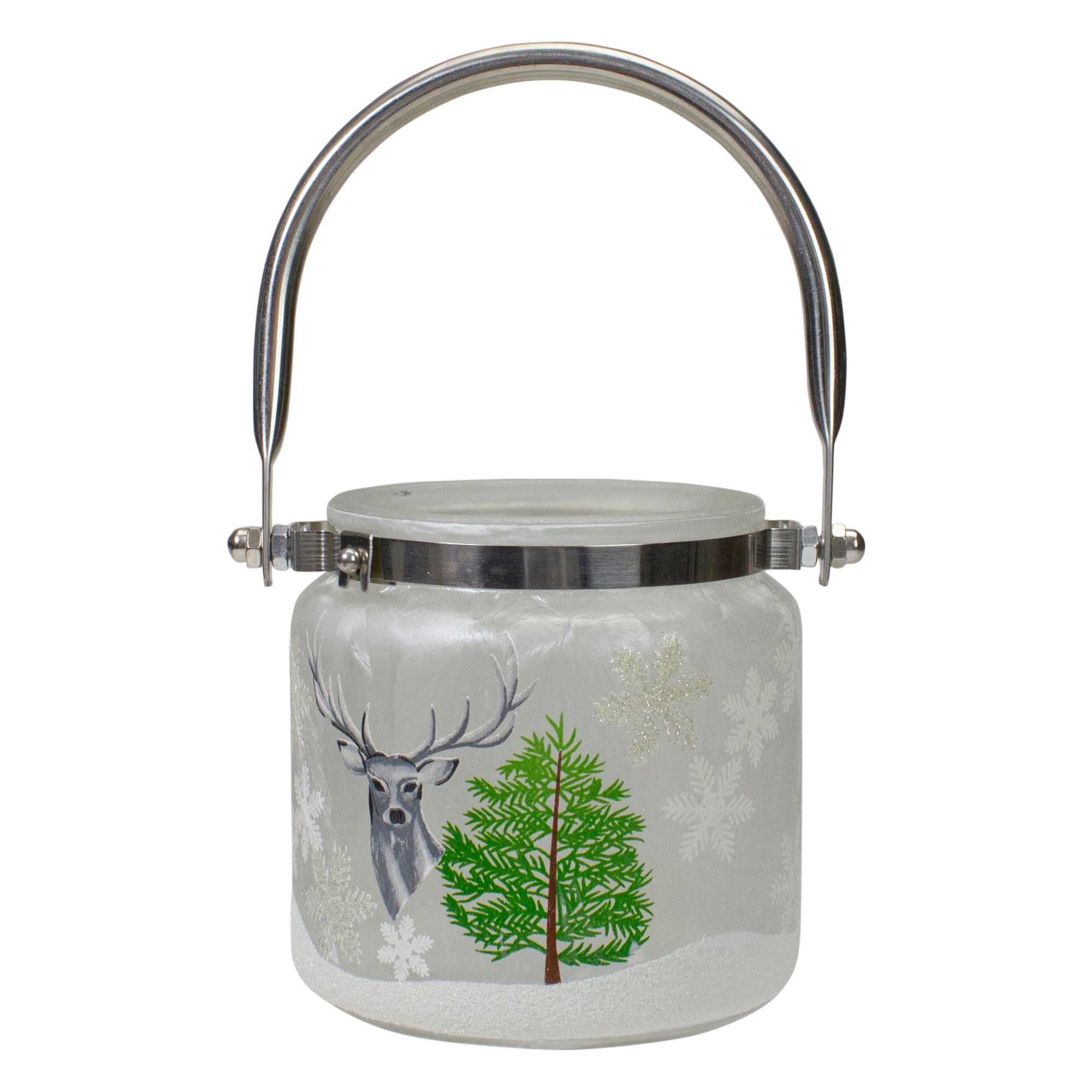 4" Deer, Pine Snowflakes H Painted Flameless Glass Candle Lantern