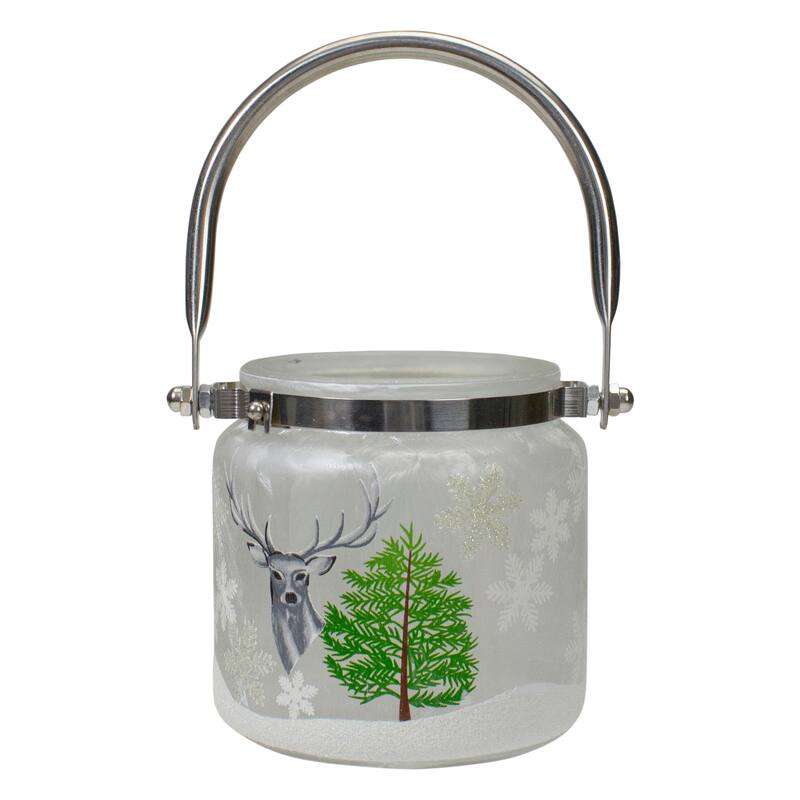 4" Deer Pine and Snowflakes Hand Painted Flameless Glass Candle Lantern