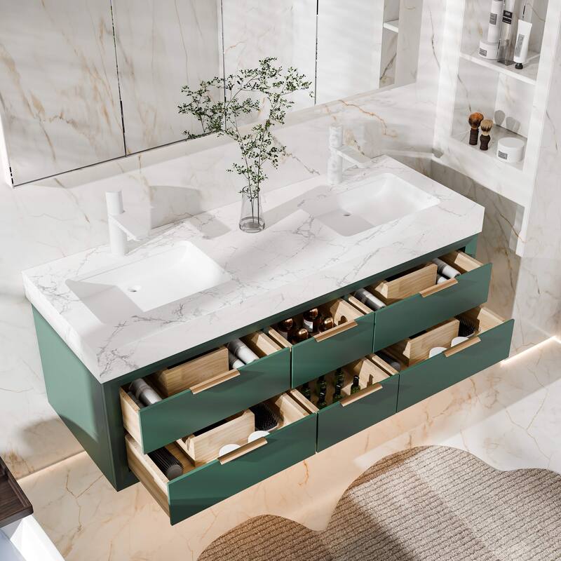 Modland 60" Modern Floating Bathroom Vanity with Double Sink, Soft-Close Drawers, White Stone Countertop