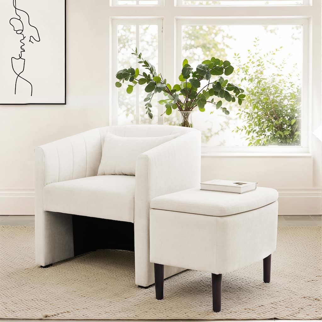 Barrel Accent Chair With Storage Ottoman,Modern Living Room Barrel Chair,Chenille Reading Chair With Ottoman For Living Room