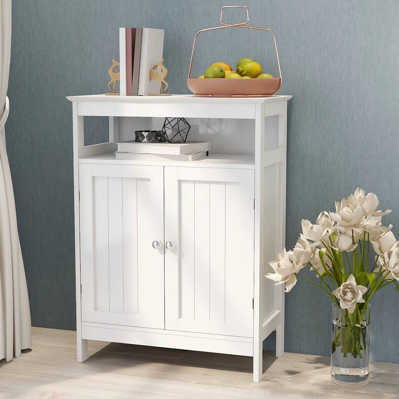 Anmytek White Bathroom Storage Cabinet with Double Louvered Shutter Doors and Shelves