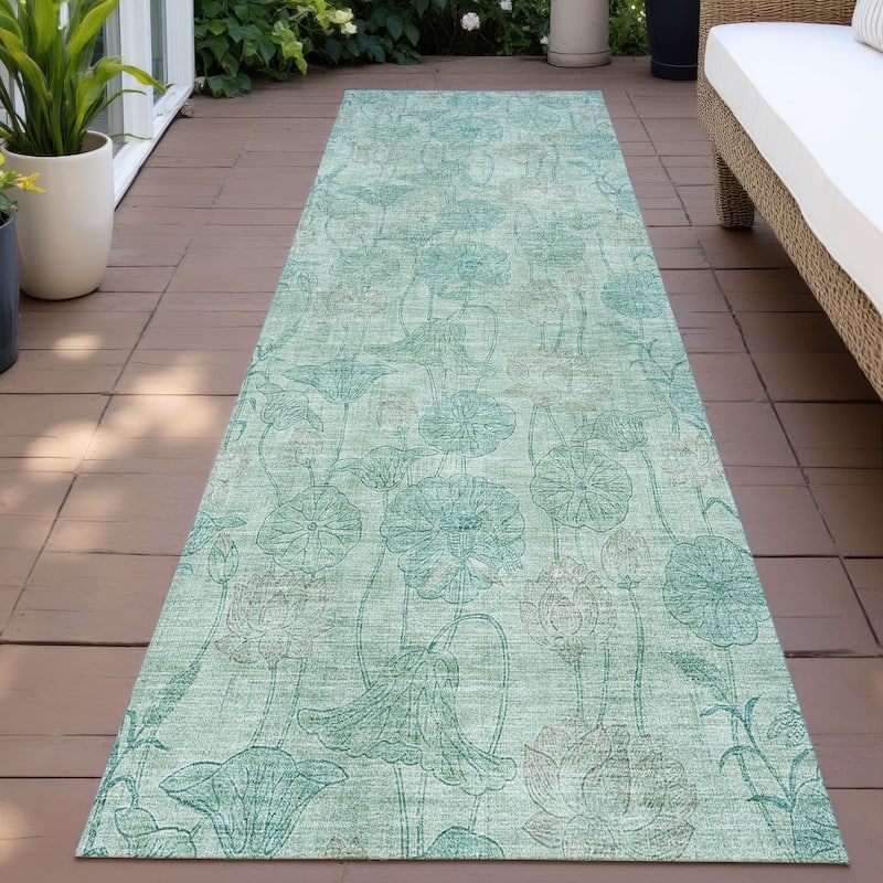 Machine Washable Indoor/Outdoor Modern Floral Chantille Rug - Aqua - 2'3" x 7'6"