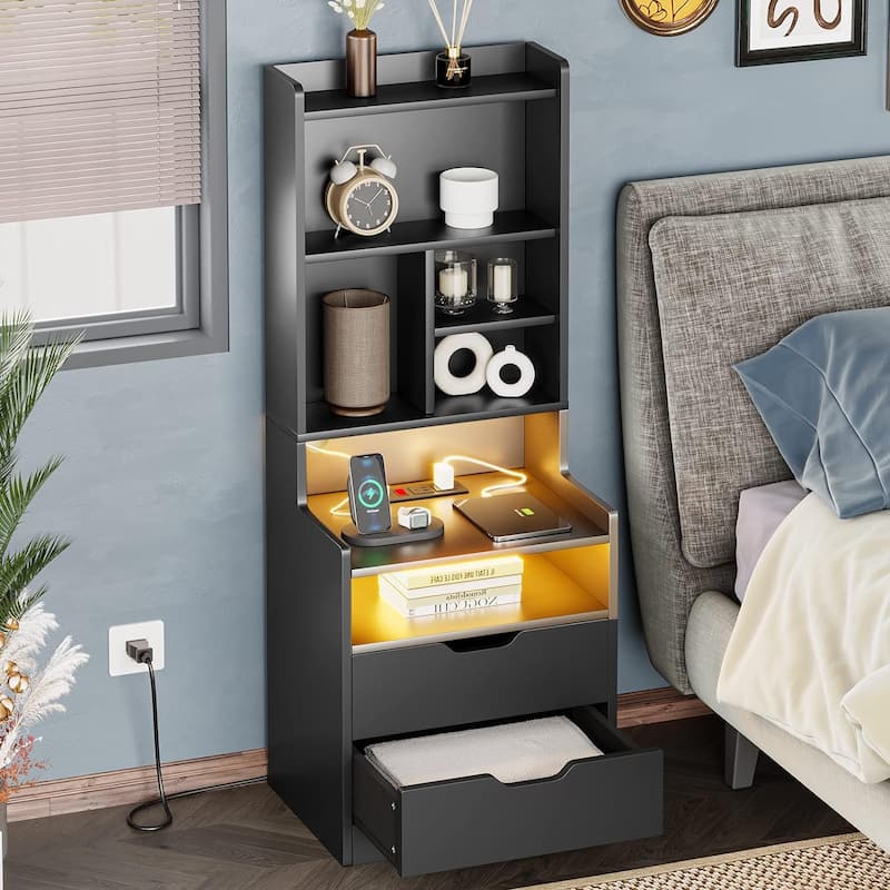 Nightstand with Bookshelf Tall Night Stand 2 Drawers - Black