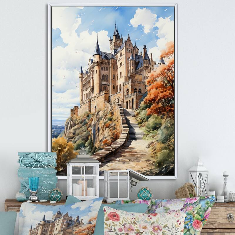 Designart "Germany Hohenzollern Castle" Germany Framed Canvas Wall Art - White - 30 in. wide x 40 in. high