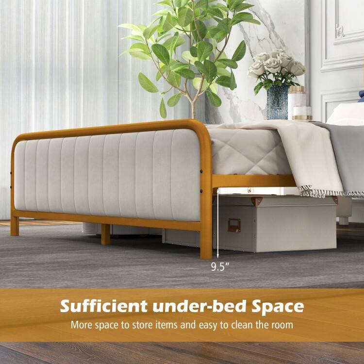 Upholstered Gold Platform Bed Frame with Velvet Headboard