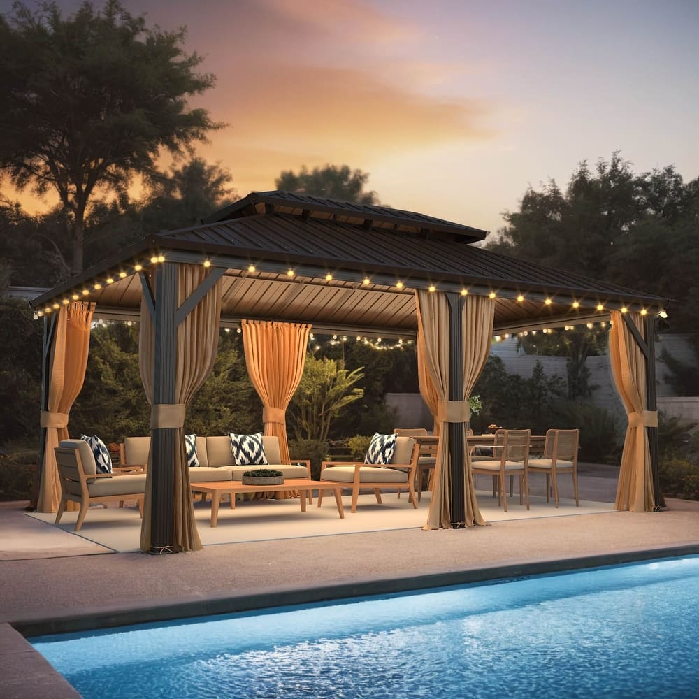 Outdoor Hardtop Gazebo with Double Galvanized Steel Roof & Aluminum Frame, Featuring Curtains and Netting for Added Comfort